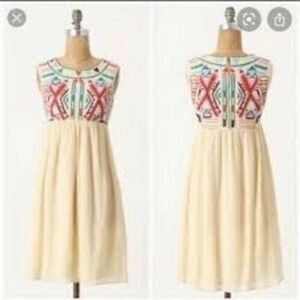 by Gryphon Anthropologie Dress Ivory Embroidered Boho Chic Dress Size Medium‎